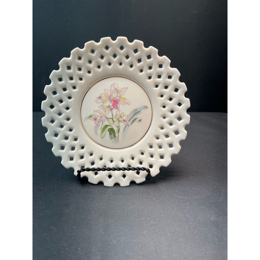 Vintage White Lattice-Edged Plate with Pink Lilies | 6" Made in Japan